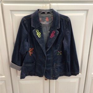 Dark Blue Denim Women's Jacket with Neon Embroidered Accents